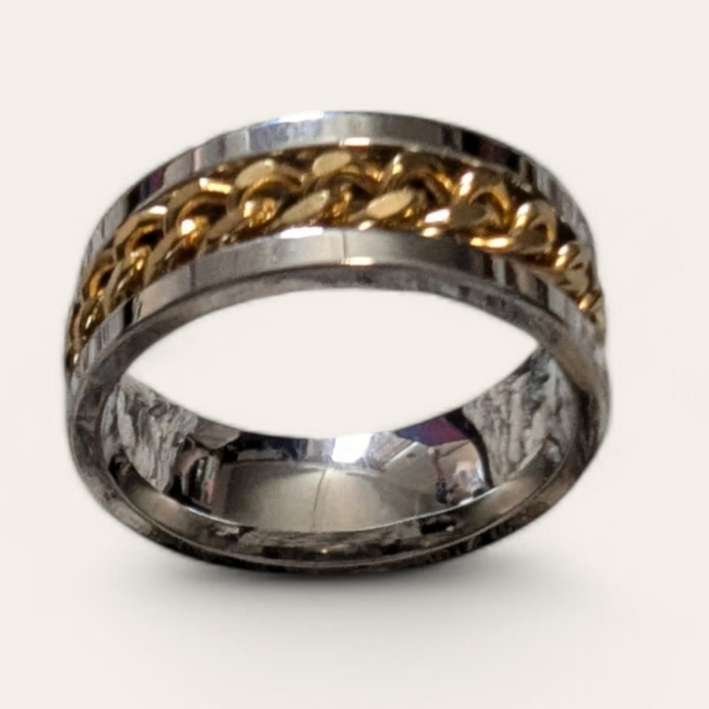 NEW Men Womens Ring Sz 10 Silver Gold Color Chain Spin Fidget Ring A-023